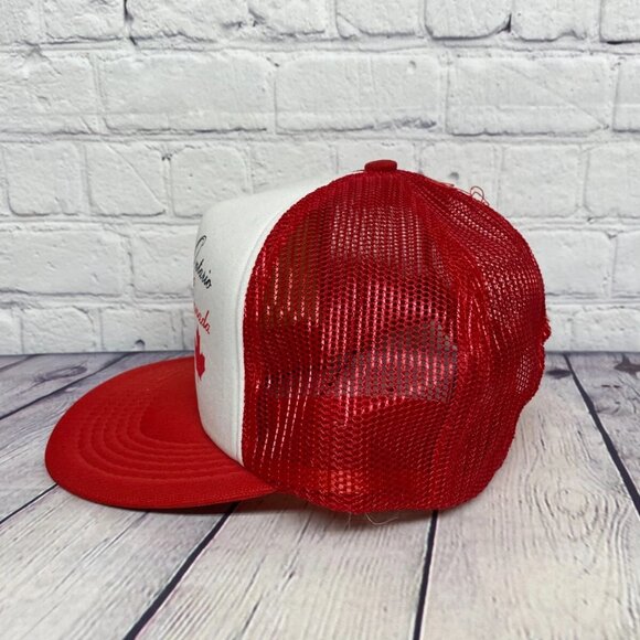 Vintage Hat Cap Snapback Red White Ontario Canada Trucker Mesh Shield Taiwan - Picture 2 of 11